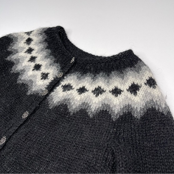 Fair Isle Cardigan Sweater Hand Knit Iceland Wool Black Grey Fisherman Apres Ski - Picture 6 of 15